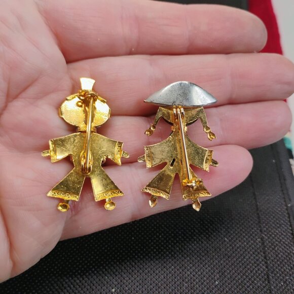 Vtg Asian Chinese Boy & Girl Brooch Pin Set Glass Faux Malachite & Tiger Eye - Picture 5 of 5